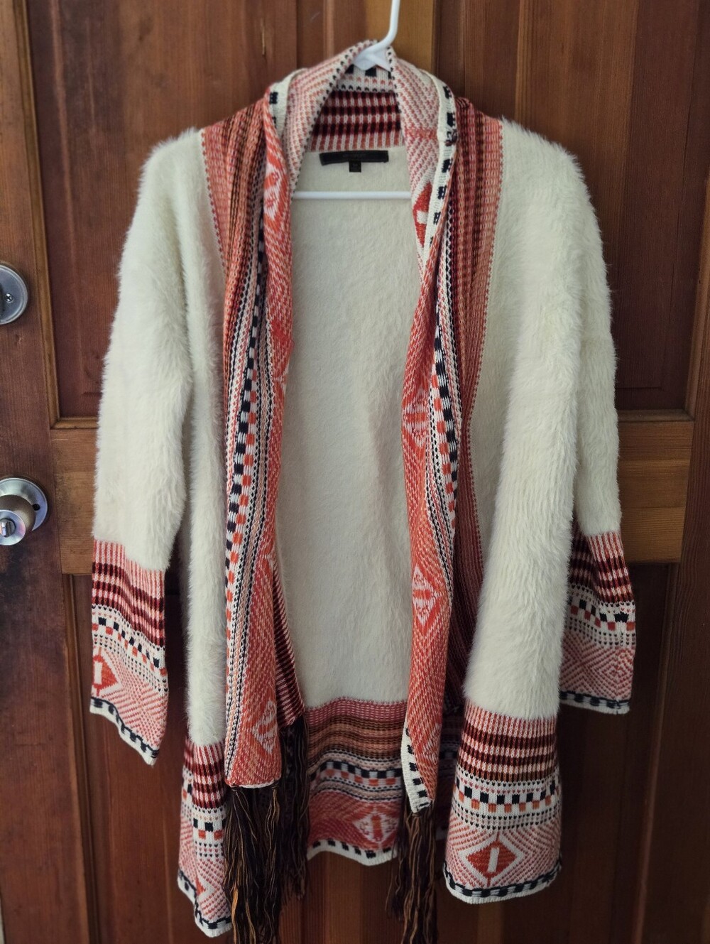 Open-Front Cream Cardigan with Coral Patterned Trim